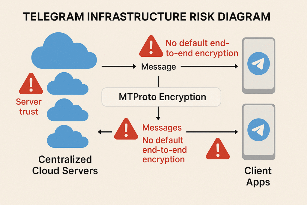 Infographic of Telegram security flaws highlighting encryption and server vulnerabilities