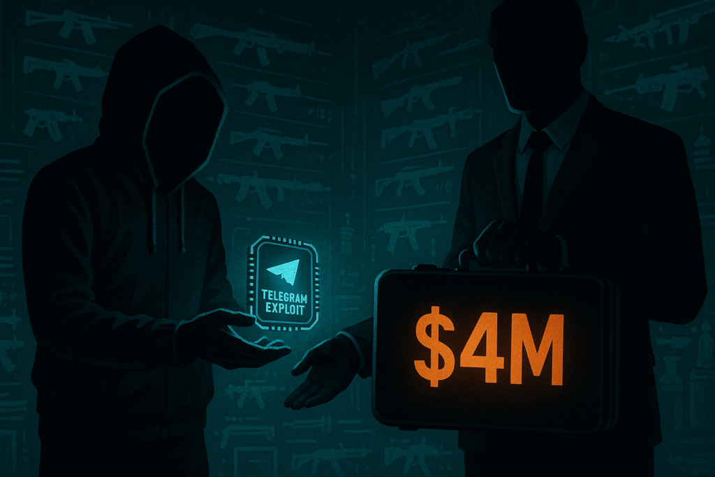 Depiction of Telegram zero-day vulnerability sale in a cyber exploit marketplace