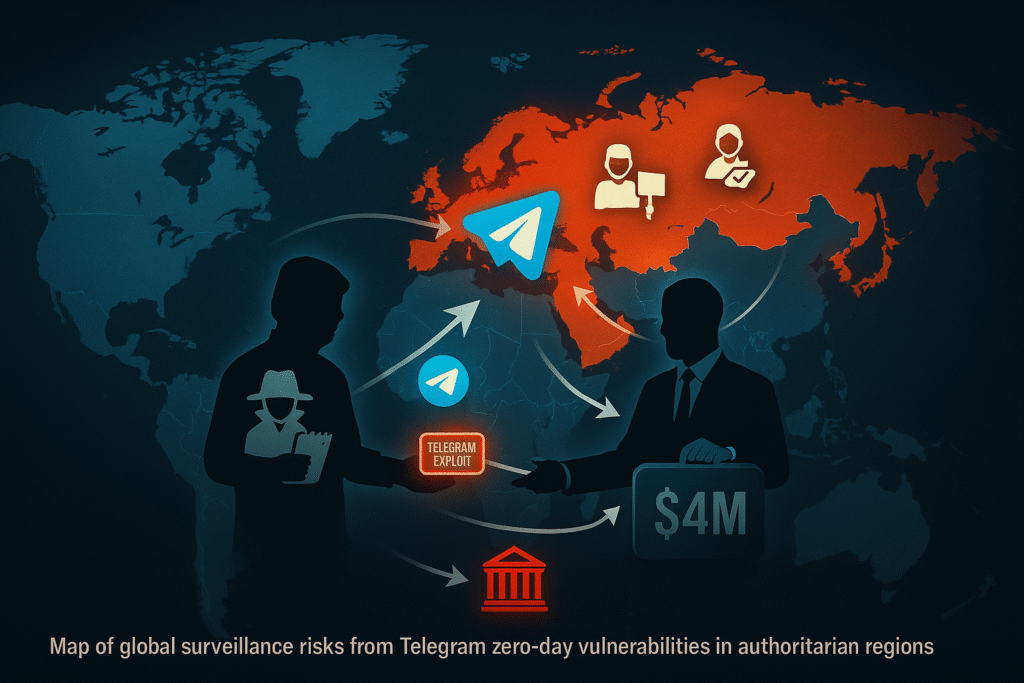 Map of global surveillance risks from Telegram zero-day vulnerabilities in authoritarian regions