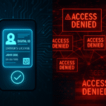 Split-screen showing secure mobile ID interface and system failure warnings after Trump digital ID repeal