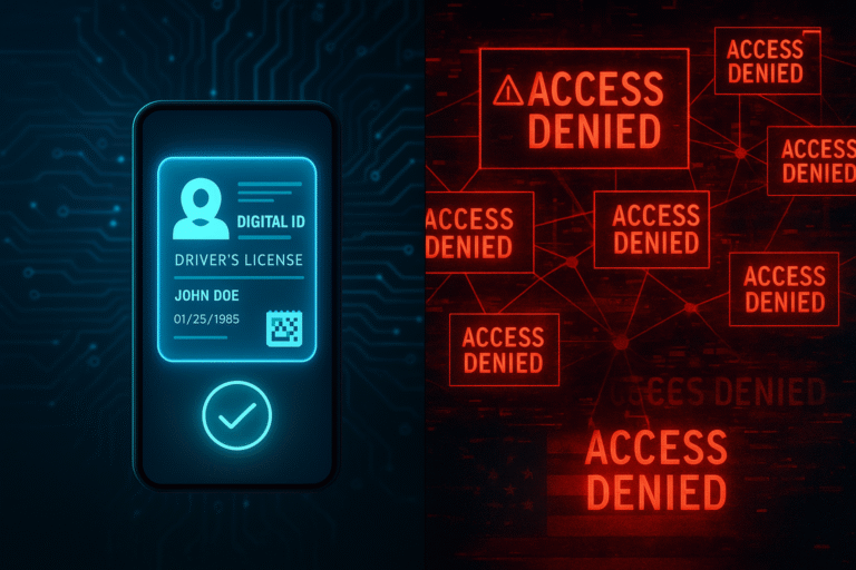Split-screen showing secure mobile ID interface and system failure warnings after Trump digital ID repeal