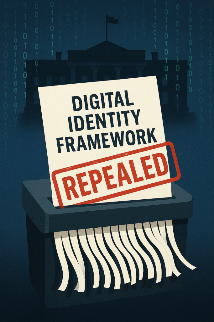 Illustration of Trump digital ID repeal shredding Biden identity policy document