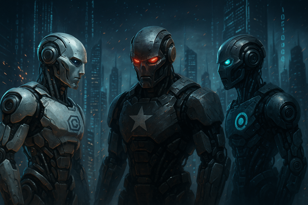 Artificial general intelligence conflict risks depicted as rival AI agents in a fragmented digital city