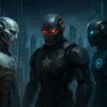 Artificial general intelligence conflict risks depicted as rival AI agents in a fragmented digital city