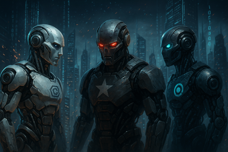 Artificial general intelligence conflict risks depicted as rival AI agents in a fragmented digital city