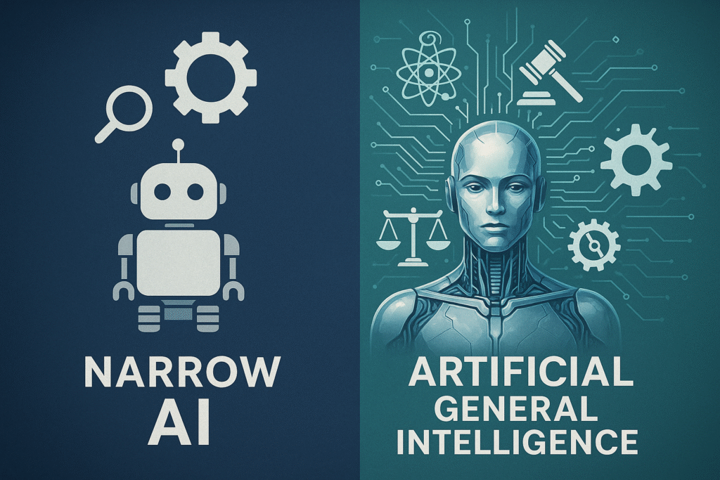 Artificial general intelligence compared to narrow AI with advanced reasoning and learning capabilities
