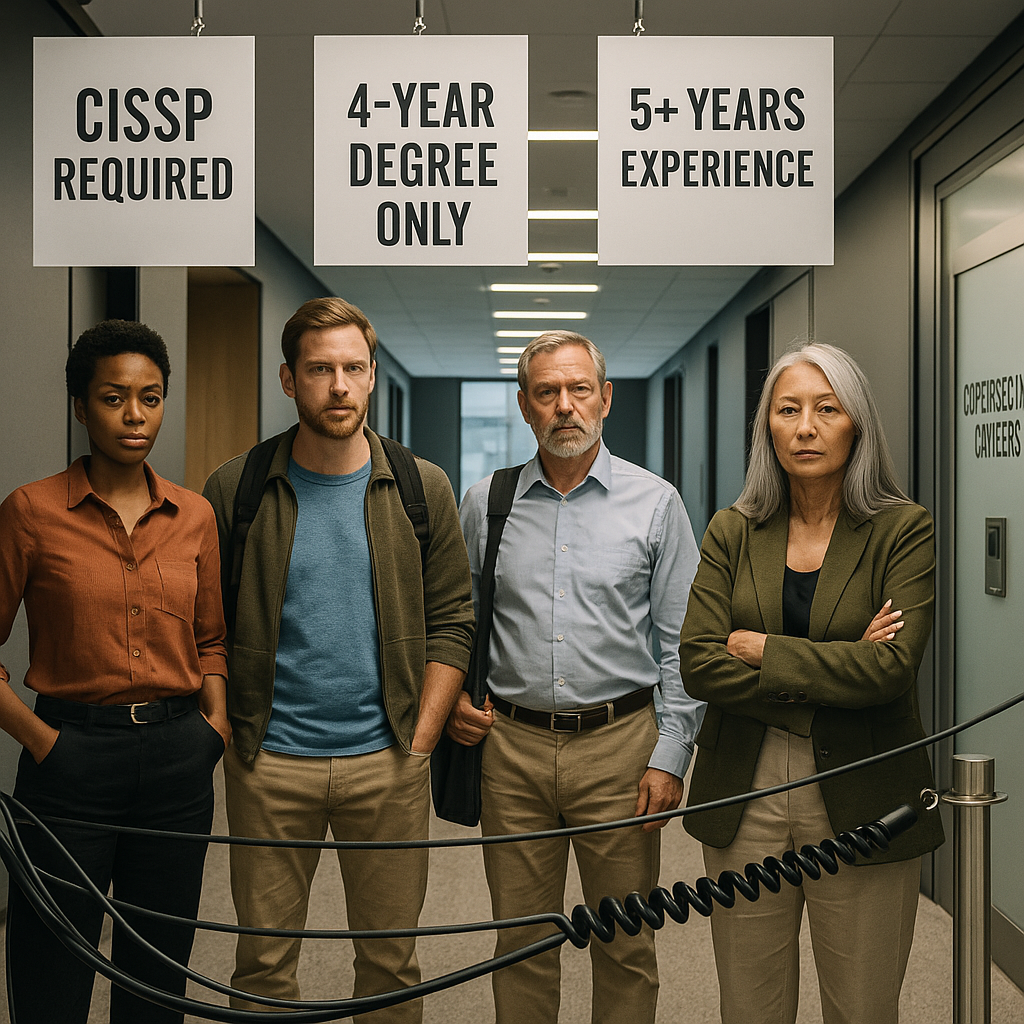 Visual showing systemic barriers to cybersecurity careers for nontraditional and diverse candidates.