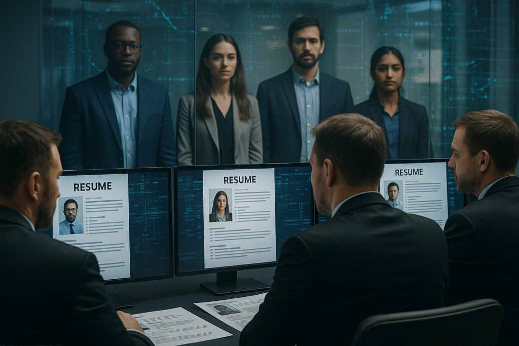 Cybersecurity job panel reviewing candidates with hidden hiring biases excluding diverse applicants.