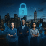 Concept of a secure digital future supported by diversity in cybersecurity leaders and inclusive teams.