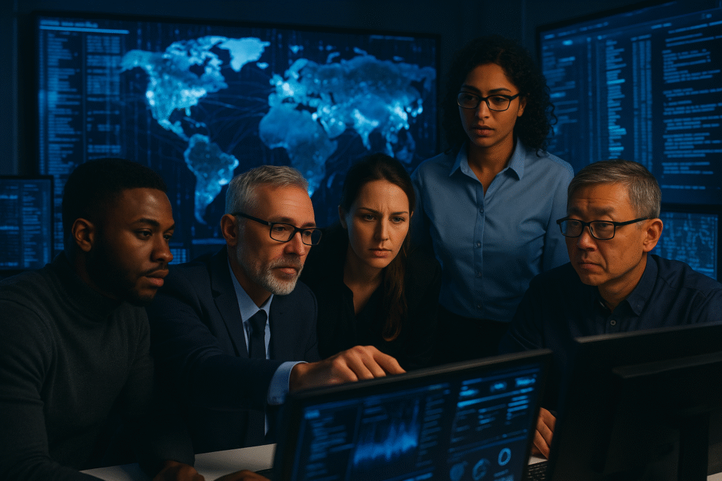 Diverse cybersecurity professionals collaborating in a modern security operations center to defend against global digital threats.