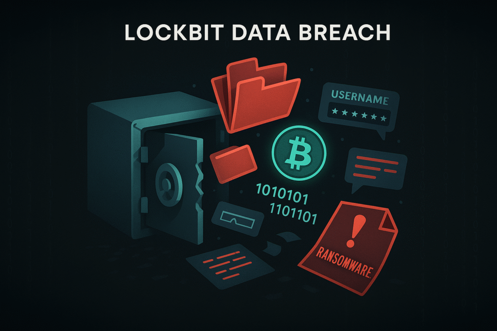 LockBit data breach showing leaked Bitcoin wallets, credentials, and ransomware tools