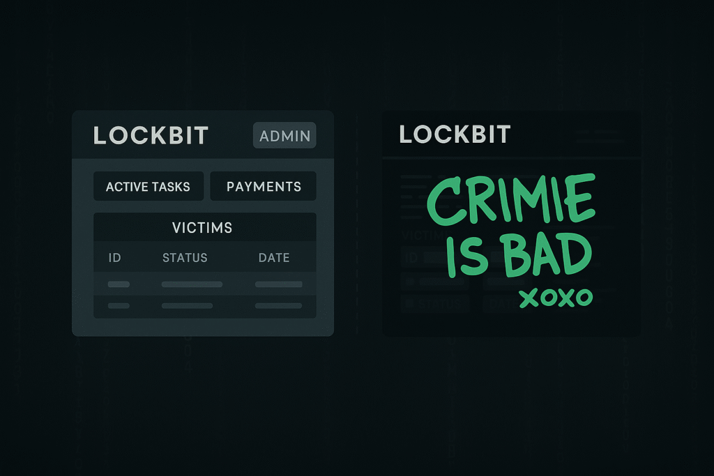 LockBit admin panel before and after defacement in 2025 ransomware hack