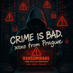 LockBit ransomware hack illustration with hacker, warning message, and Prague graffiti