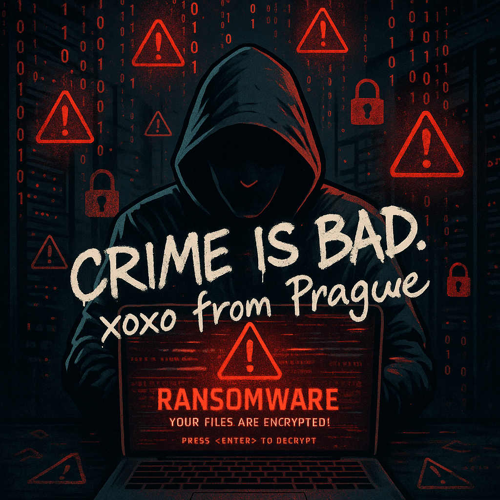 LockBit ransomware hack illustration with hacker, warning message, and Prague graffiti