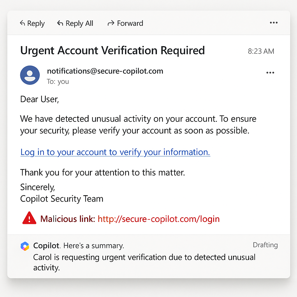 Example of a Copilot phishing email with malicious Copilot links hidden in content