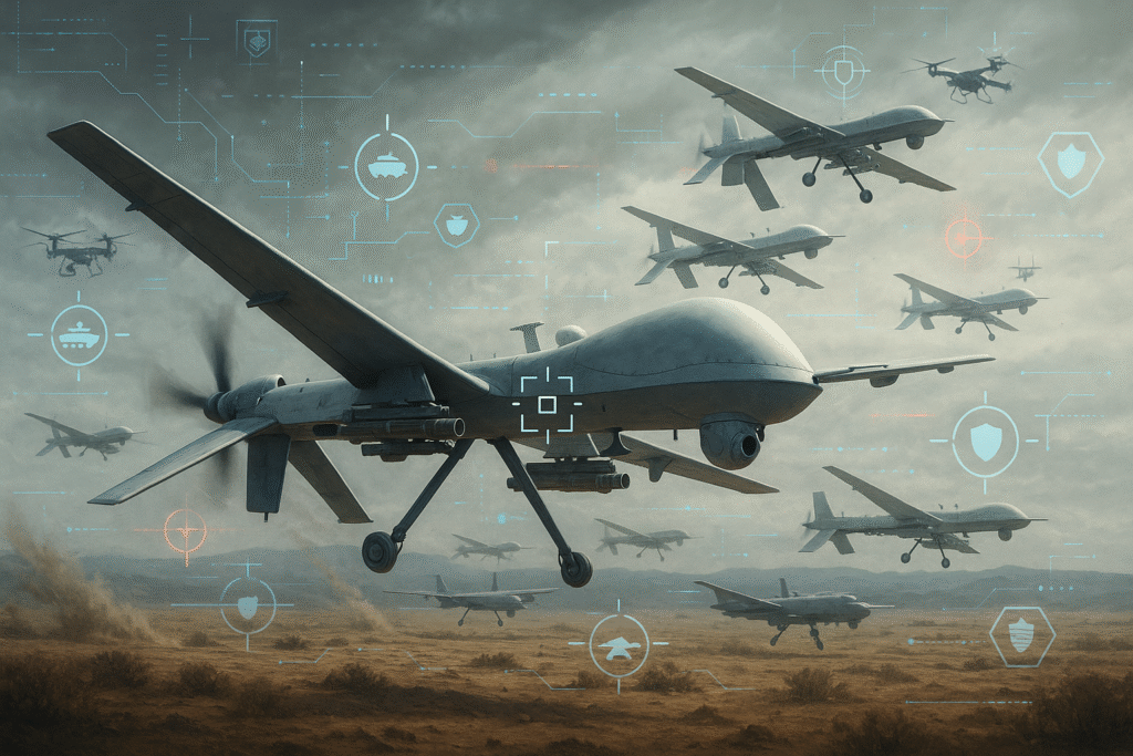 Military artificial general intelligence systems showing potential rivalries and conflicting defense objectives