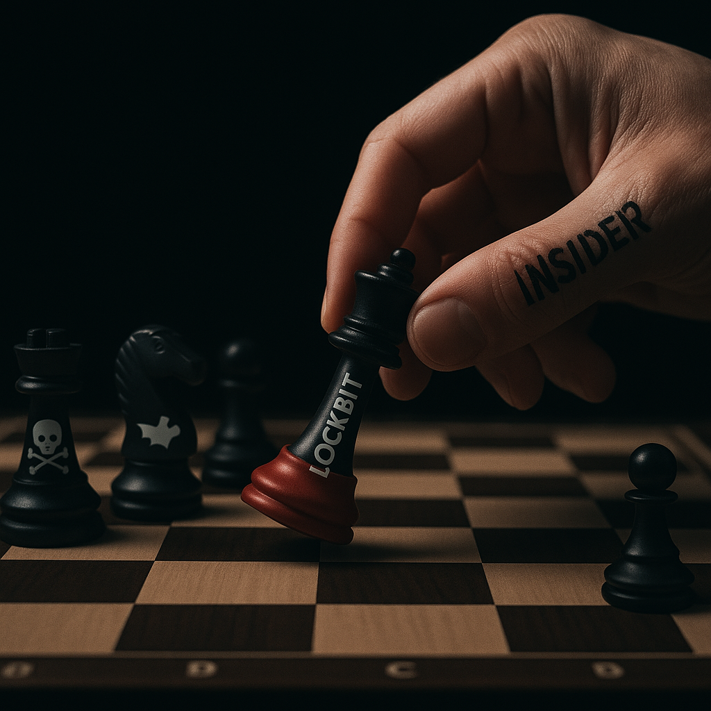 LockBit ransomware piece knocked over on chessboard by insider saboteur