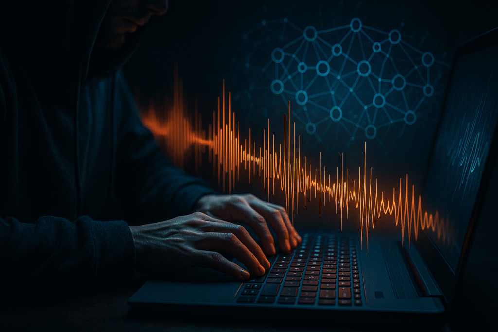 AI acoustic side-channel attacks visualized with soundwaves from a keyboard being analyzed by artificial intelligence