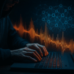 AI acoustic side-channel attacks visualized with soundwaves from a keyboard being analyzed by artificial intelligence