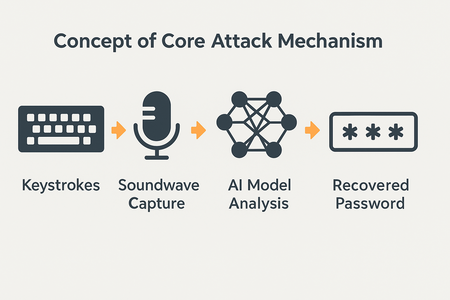 Infographic showing how AI acoustic side-channel attacks convert keystroke sounds into recovered passwords