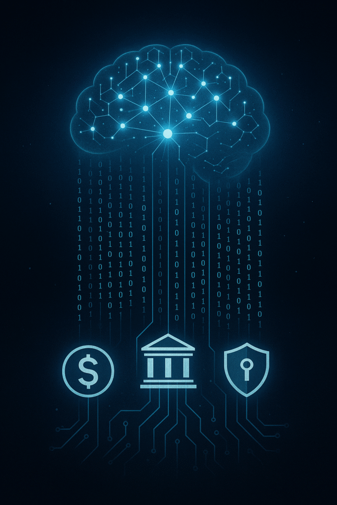 Abstract illustration of AI cybercrime impacting finance, politics, and national security with neural networks and data streams