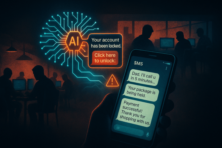 Hero illustration of AI cybercrime showing neural networks powering scam centers and SMS phishing attacks
