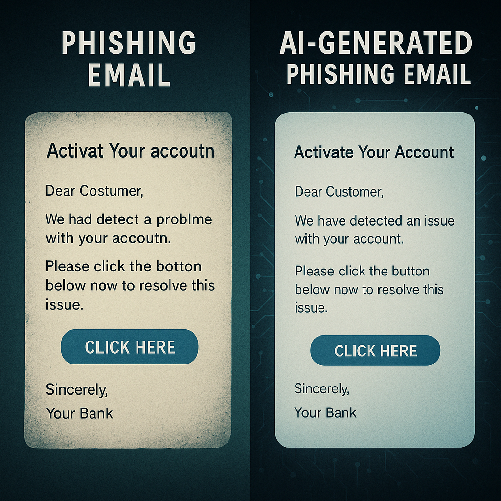Comparison of traditional phishing emails with AI-generated phishing emails in cybercrime