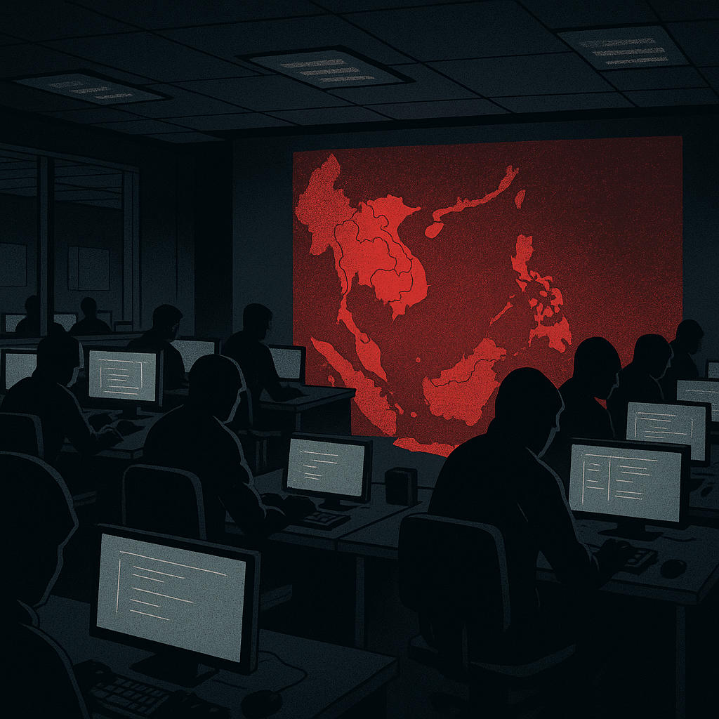 Illustration of scam centers in Southeast Asia as hubs of industrialized AI cybercrime operations
