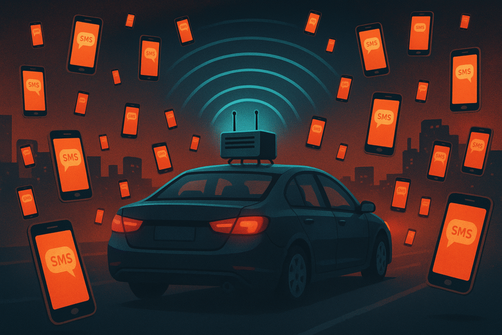 Depiction of SMS blasters sending mass phishing texts as part of AI cybercrime tactics