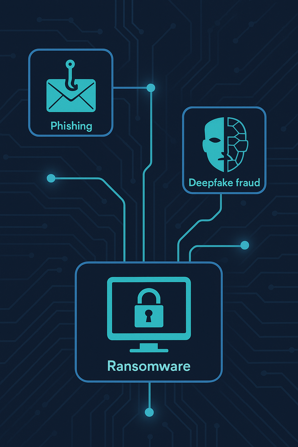 AI hacking recovery visual of cybercrime ecosystem including phishing, ransomware, and deepfake attacks