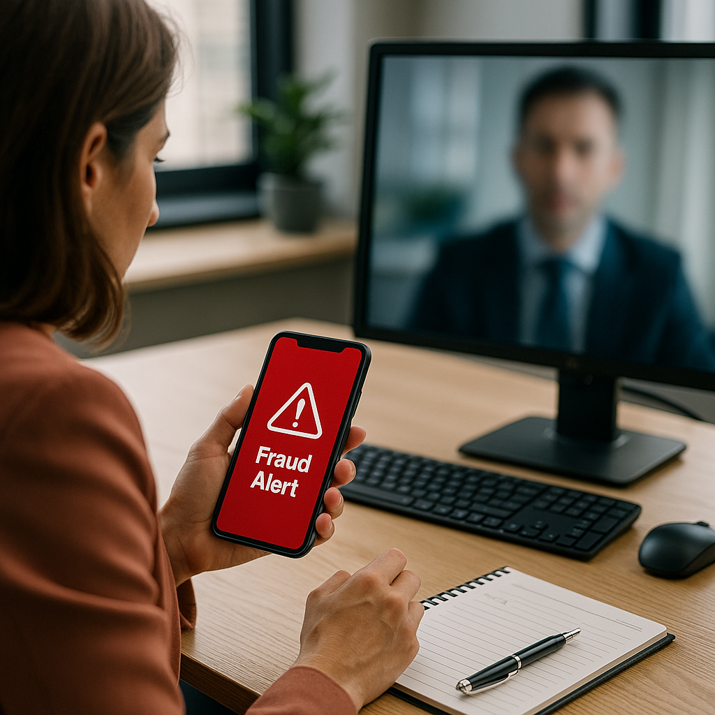 AI hacking recovery visual showing fraud alert on banking app and risk of deepfake scams