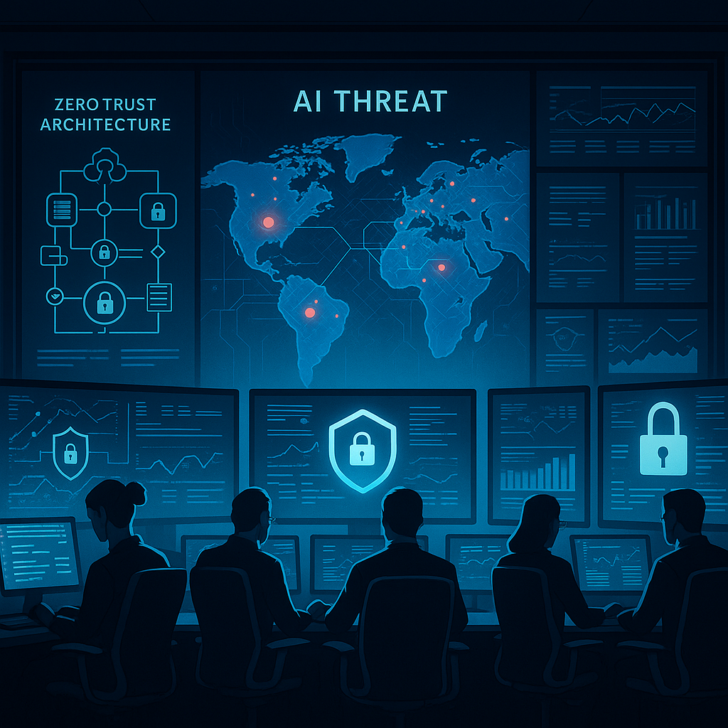 AI hacking recovery prevention image showing zero-trust architecture and AI threat monitoring