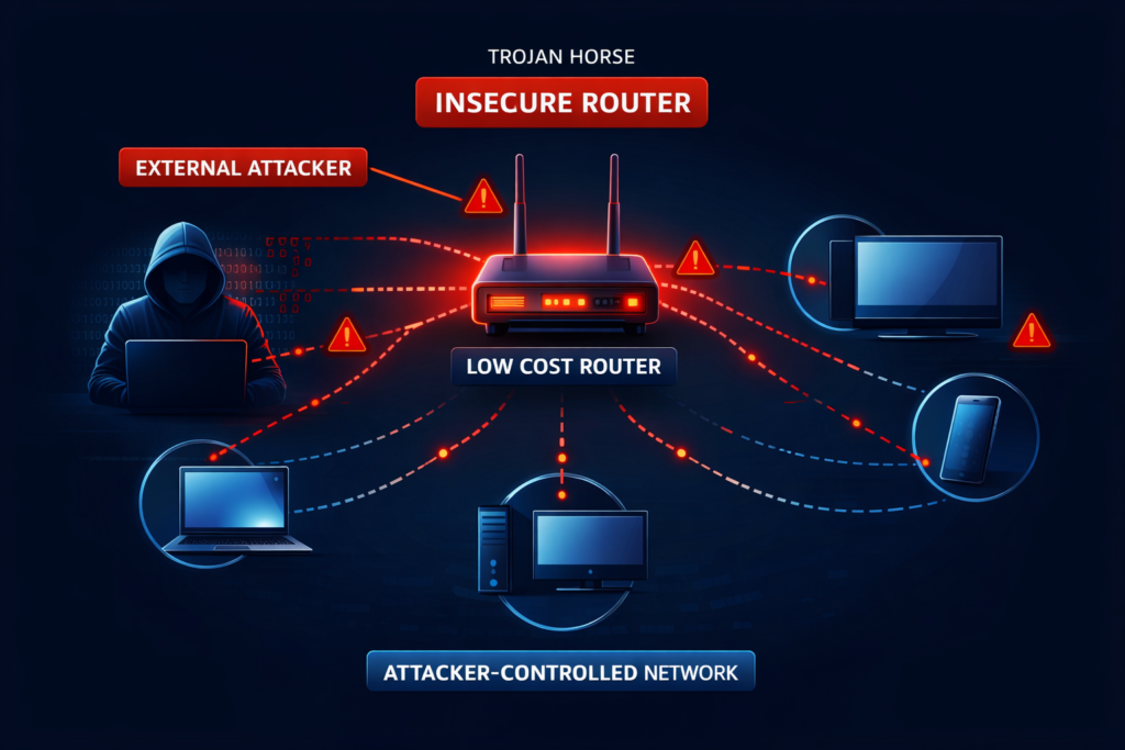 Diagram showing how an insecure router becomes a Trojan horse inside a network