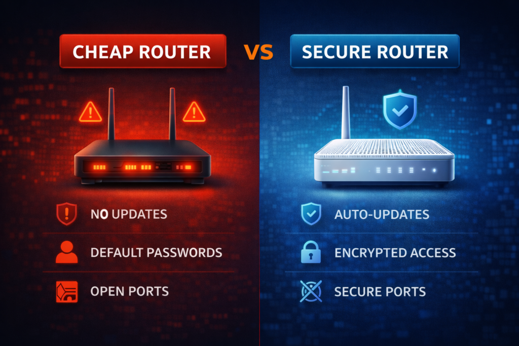 Comparison between insecure cheap router and secure modern router