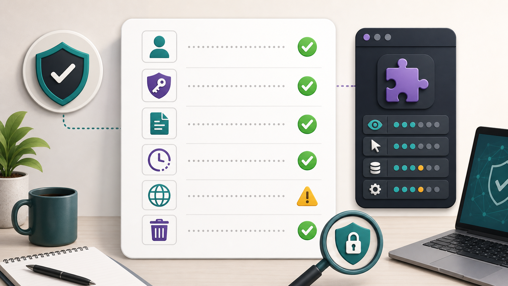 Security checklist for reviewing AI browser extension publisher, permissions, privacy policy, updates, site access, and removal.
