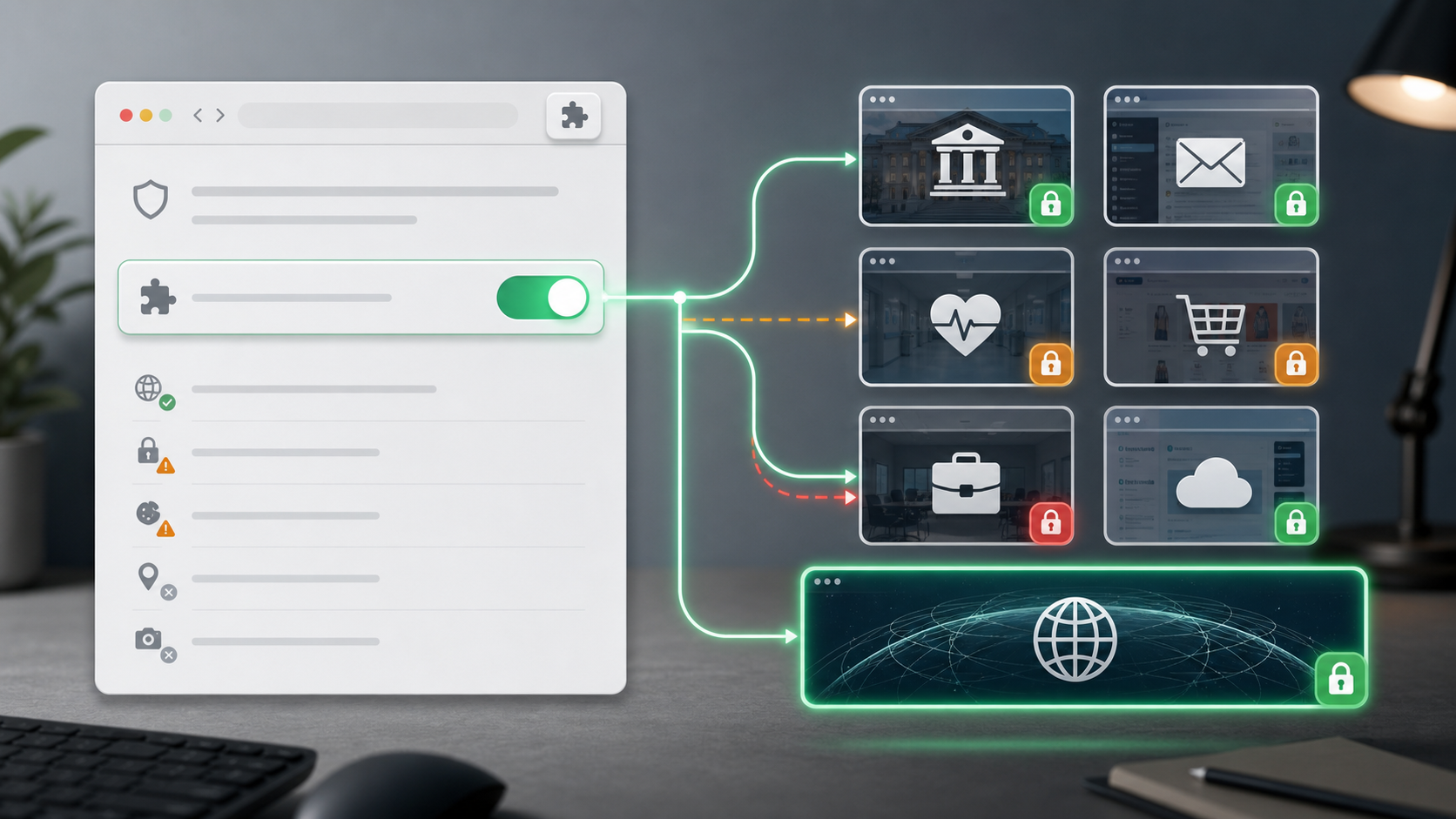 Browser extension permission panel showing broad site access paths to banking, email, health, shopping, work, and cloud pages.