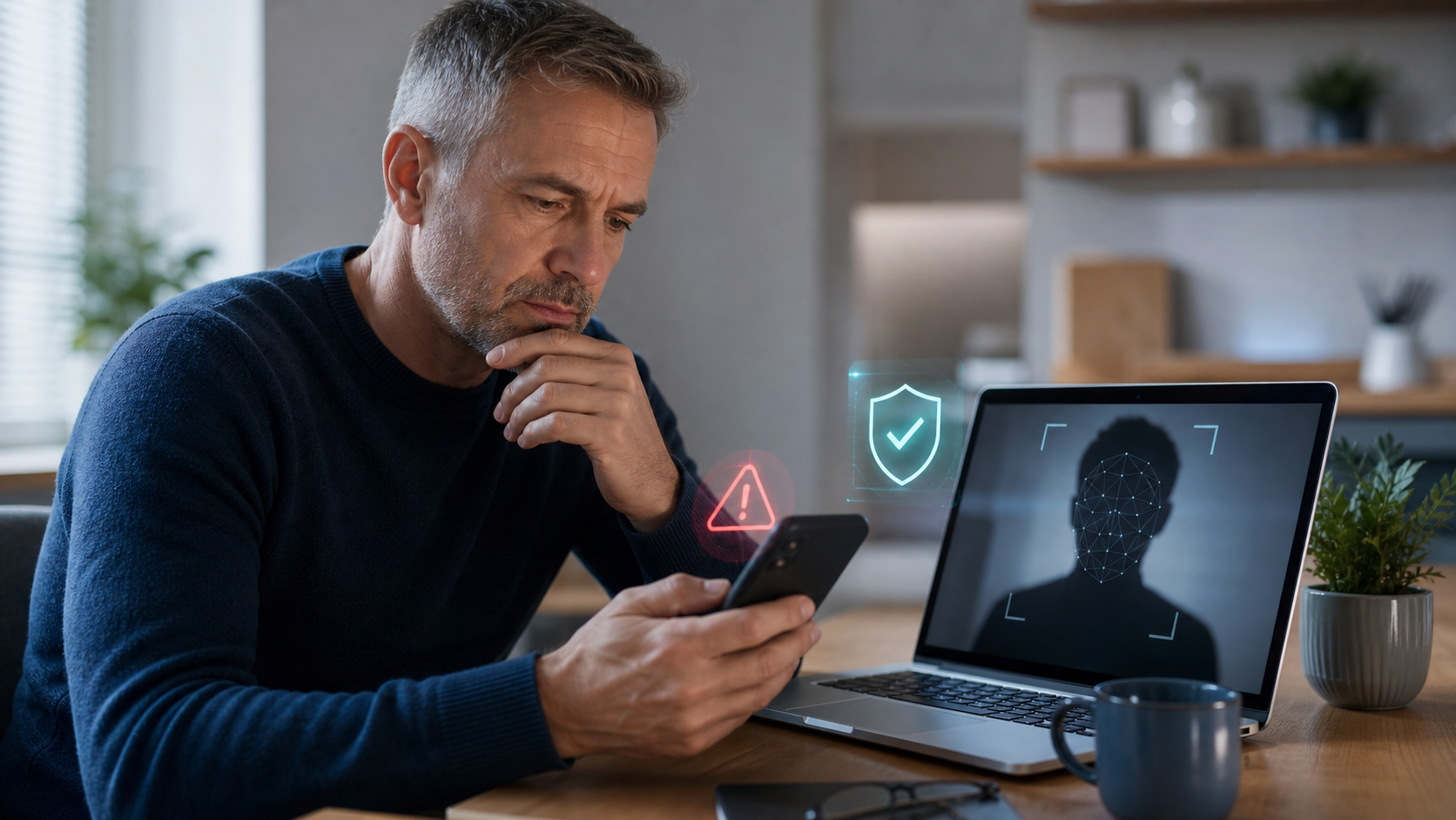 Consumer reviewing a phone and laptop with abstract deepfake verification and warning symbols