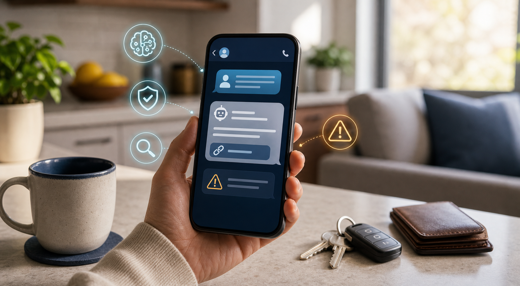 Suspicious text message visual showing a phone in an everyday home setting with scam warning indicators