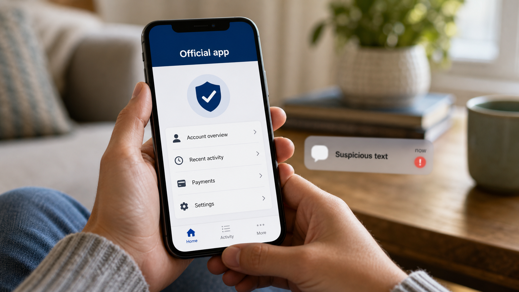 Consumer verifies a suspicious text by opening the official app instead of tapping the message link