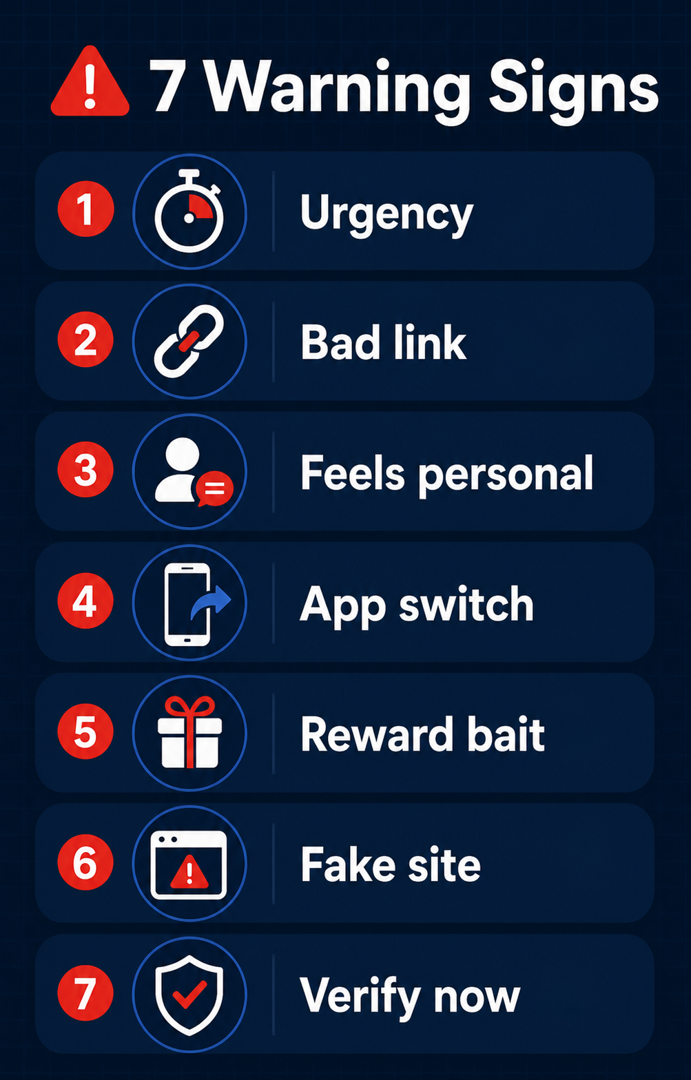 Seven warning signs of AI text scams summarized with icons