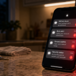 Smartphone showing suspicious AI text scam messages warning about delivery, bank, and reward alerts