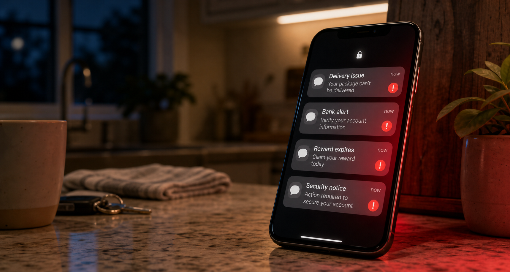 Smartphone showing suspicious AI text scam messages warning about delivery, bank, and reward alerts