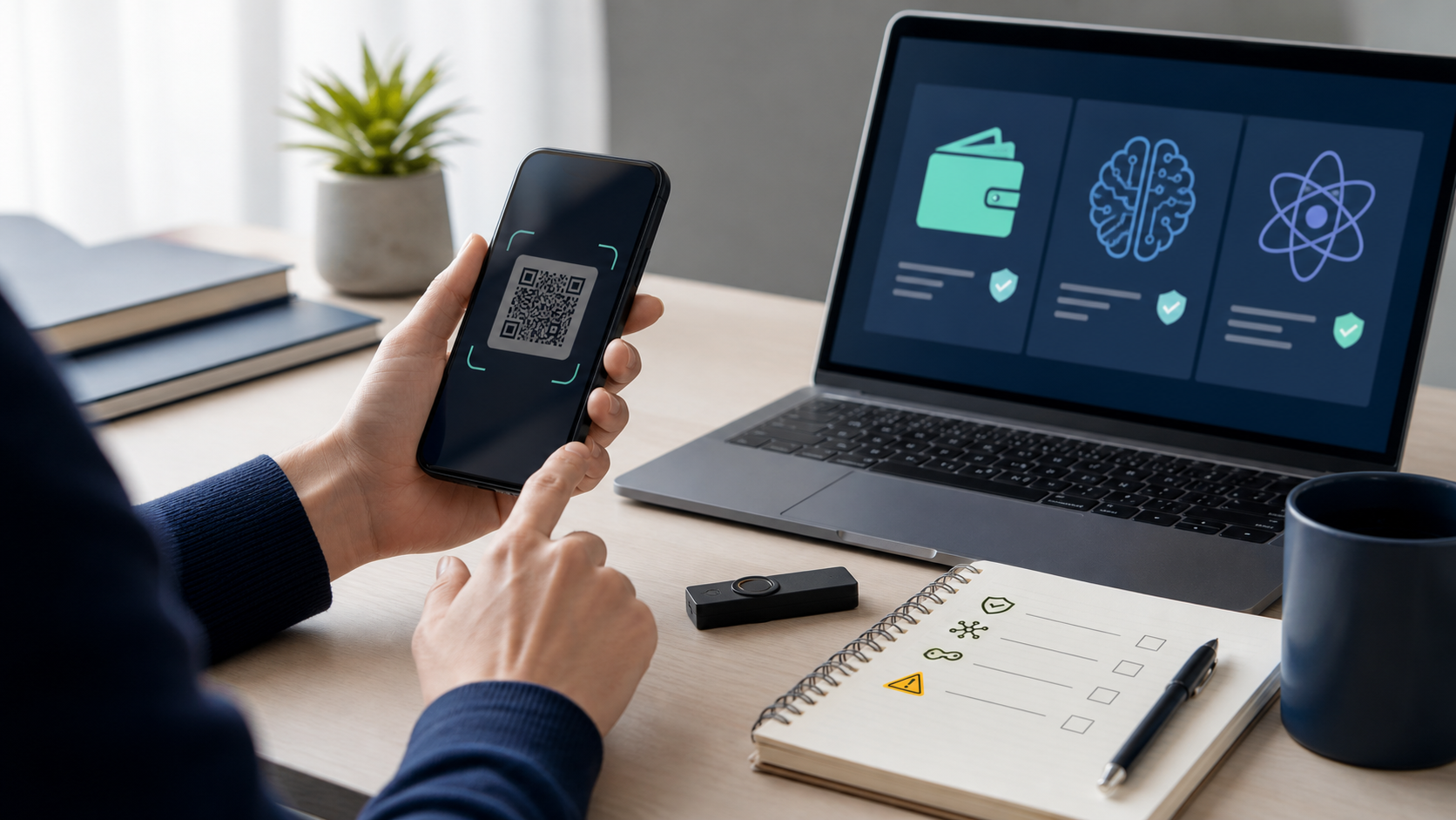 Consumer reviewing QR, wallet, AI, and emerging technology risk signals before making a digital decision