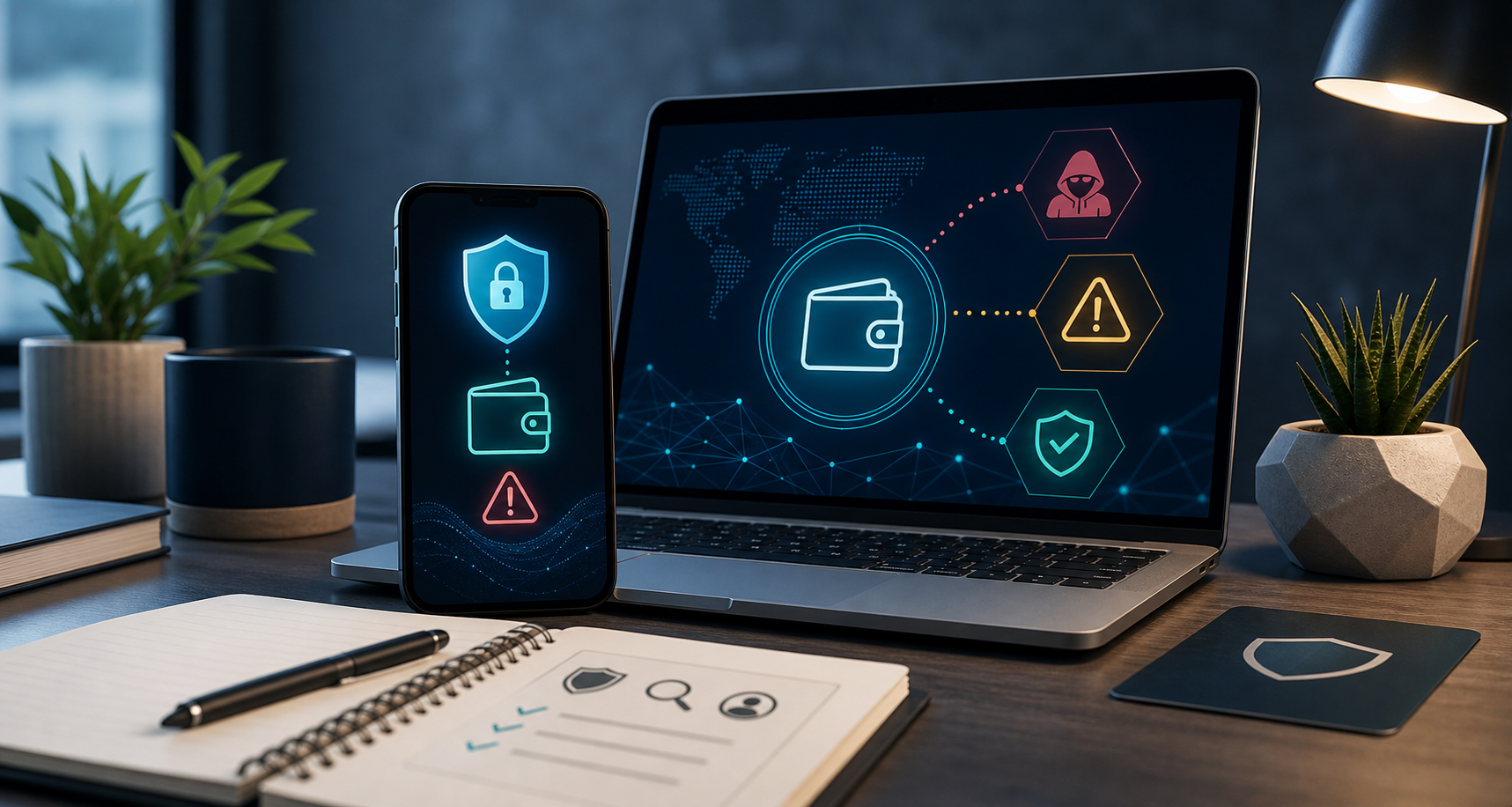 Crypto scam prevention visual showing wallet security and payment risk signals on personal devices