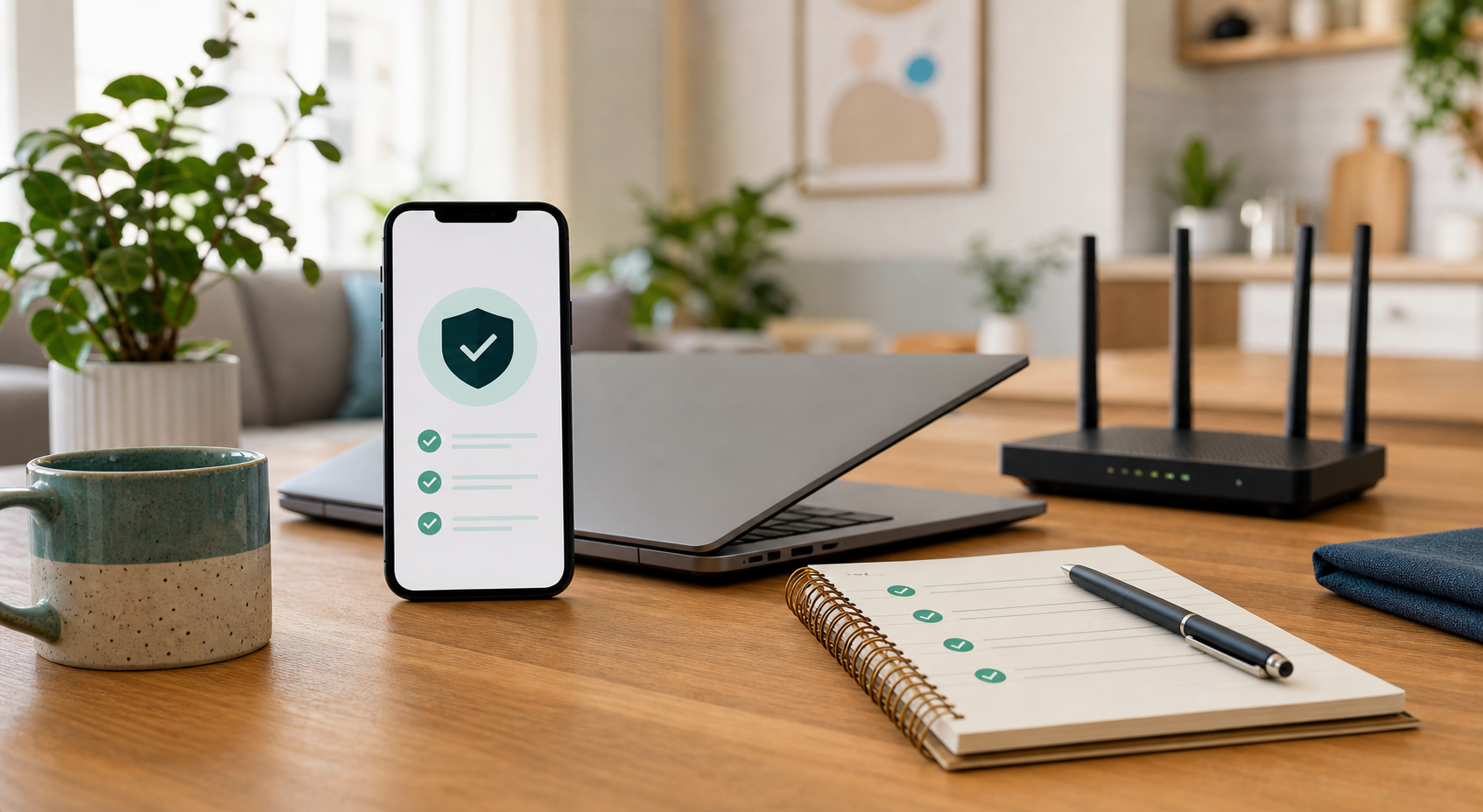 Home cybersecurity basics visual with phone checklist, laptop, router, and notebook on a home desk