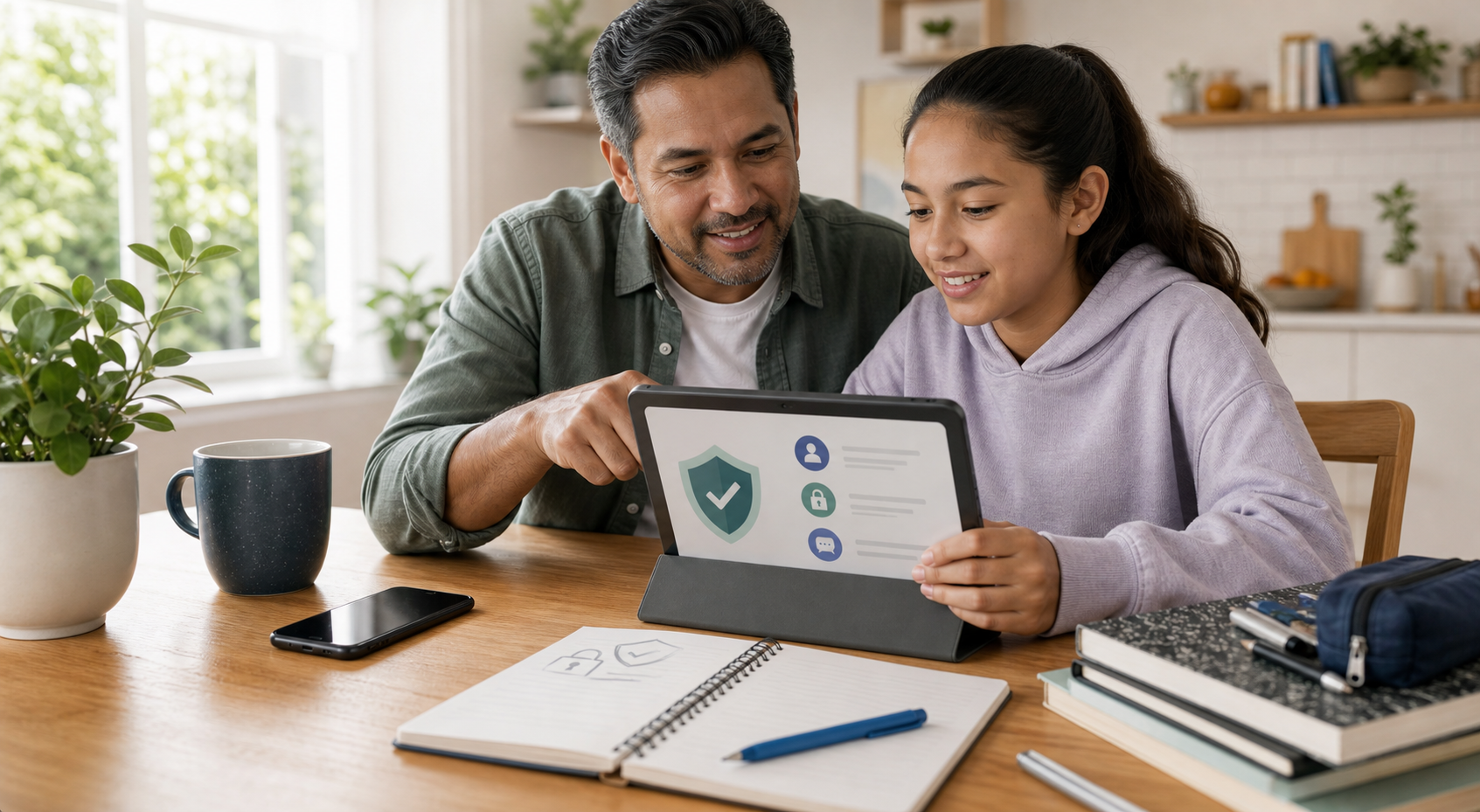 Parent and student reviewing digital safety on a tablet at a kitchen table with school materials nearby