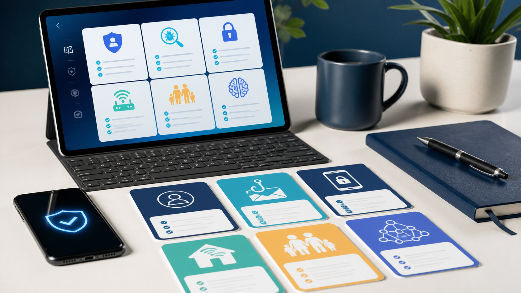 Organized digital and printed guide cards for consumer cyber and AI safety topics