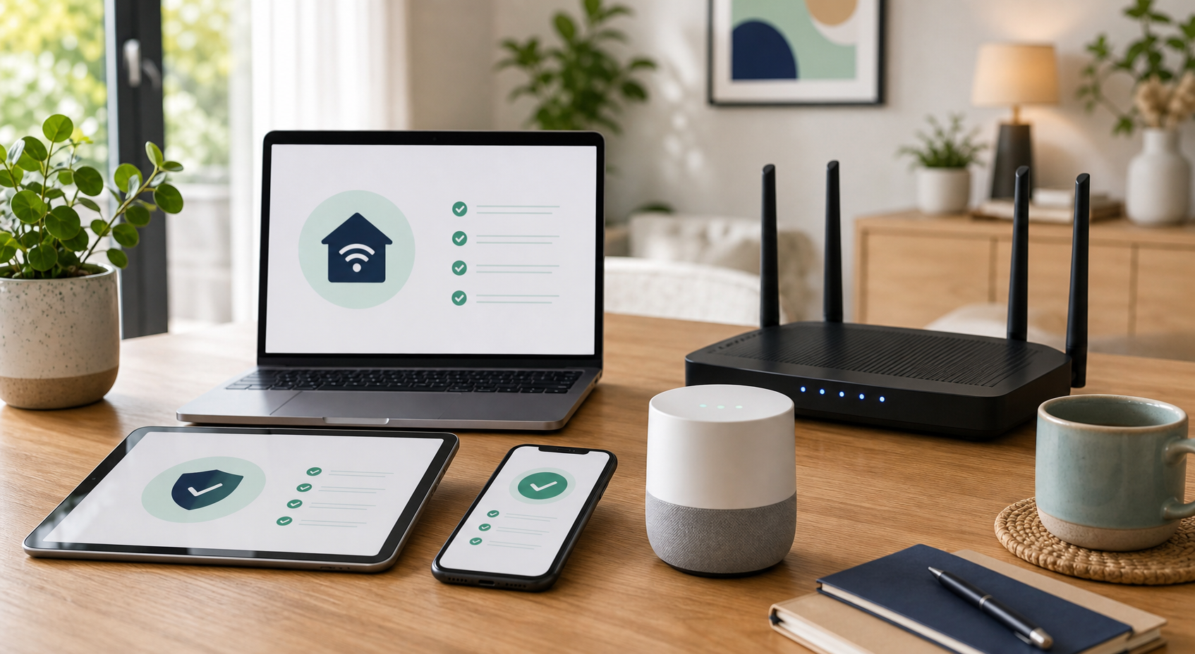 Home network and device security visual with router, laptop, tablet, phone, and smart speaker on a home table