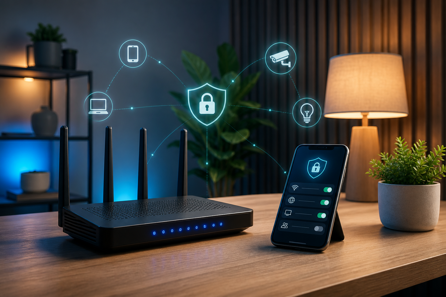 Home Wi-Fi router security visual showing a protected household network and device controls