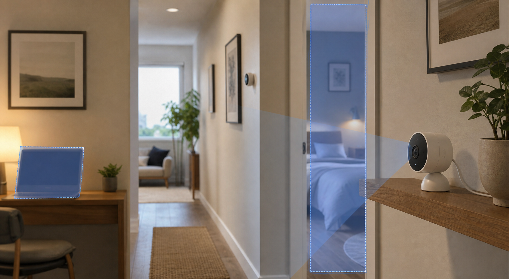 Indoor security camera view with privacy zones masking a laptop and bedroom doorway.